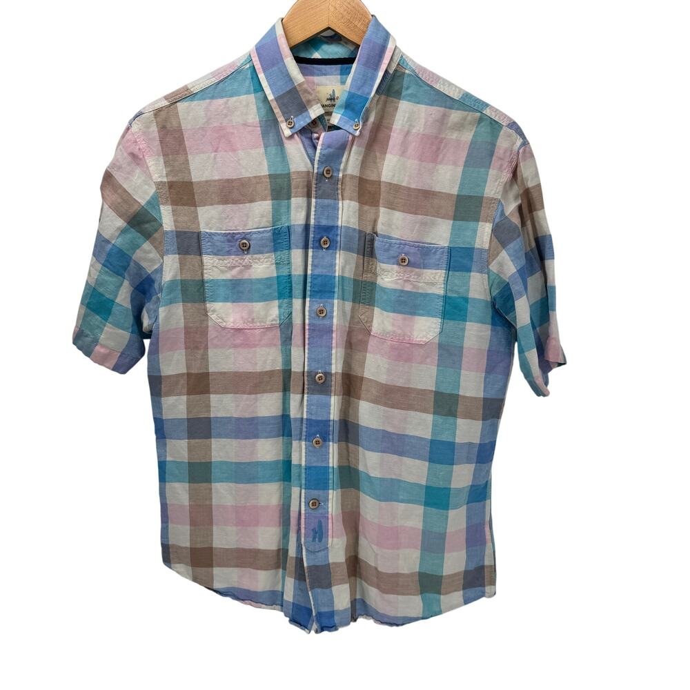 Johnnie O Shirt Mens Medium Hangin Out Button‎ Down Linen Blend Coastal Check